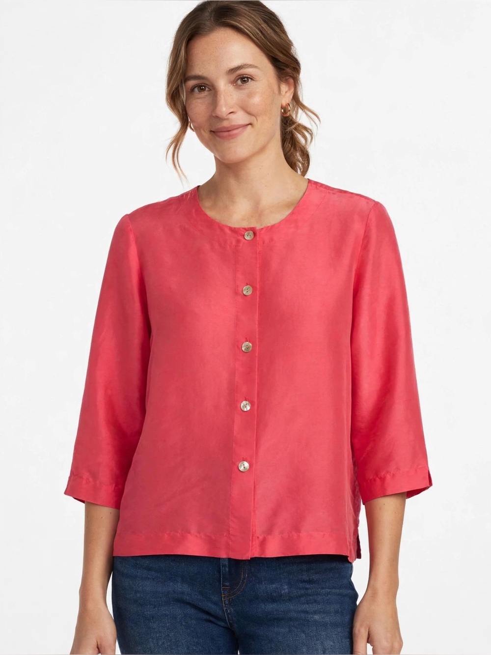 Ann May Women’s 100% Silk Coral Button-Front Round-Neck Blouse